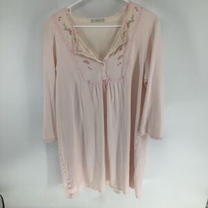 Pink Floral Embroidered Nightgown Long Sleeve Lounging Dress